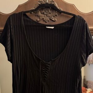 H&M Ribbed Lace Up Black Short Sleeve Top